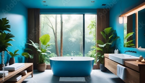 Modern contemporary bathroom with tropical style garden view 3d render overlook nature view