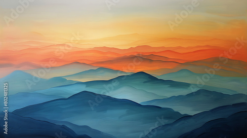 Mountains shrouded in morning mist, illuminated by soft hues of blue, yellow, and orange light, creating a serene and captivating atmosphere in nature's embrace photo