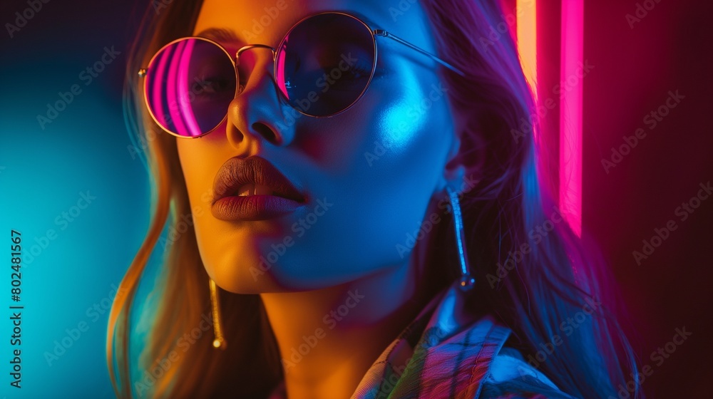 High Fashion female model in colorful bright neon lights posing in studio, night club. Beautiful model with glowing skin posing with neon colorful lights on the background.