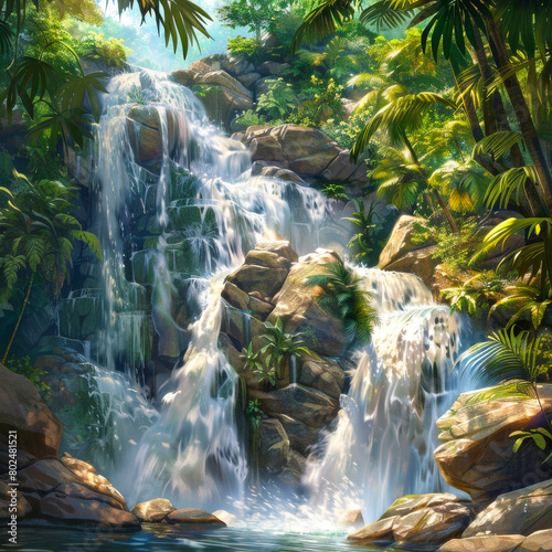 Cascade waterfall  in tropical jungle forest, rocks and mountains, flowing fresh water , stromy stream. Photorealistic illustration photo