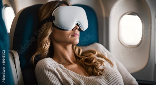 Woman sleeping on the plane with a sleep mask. photo