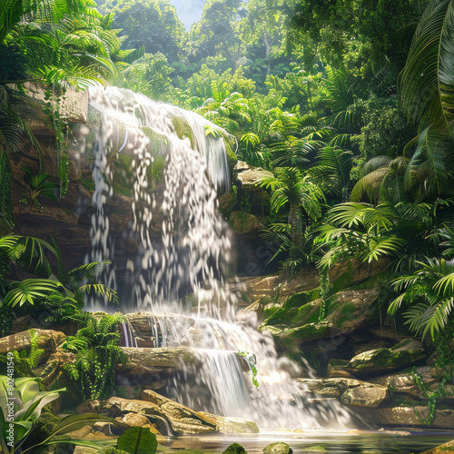 Cascade waterfall  in tropical jungle forest  rocks and mountains  flowing fresh water   stromy stream. Photorealistic illustration
