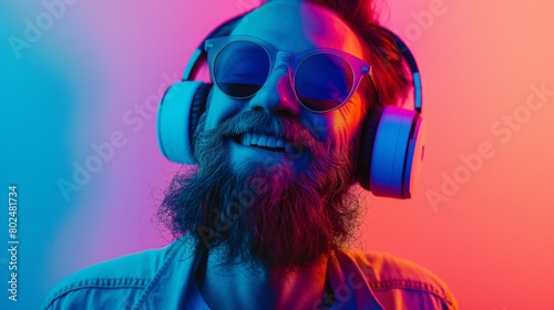 Neon light portrait of a bearded smiling man with headphones and sunglasses. Smiling bearded young man posing with nean on the background. Guy chilling in the nightclub. © Yana