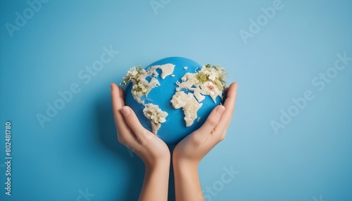 Hands holding a globe-shaped world map made of flowers against a blue background, symbolizing environmental protection
