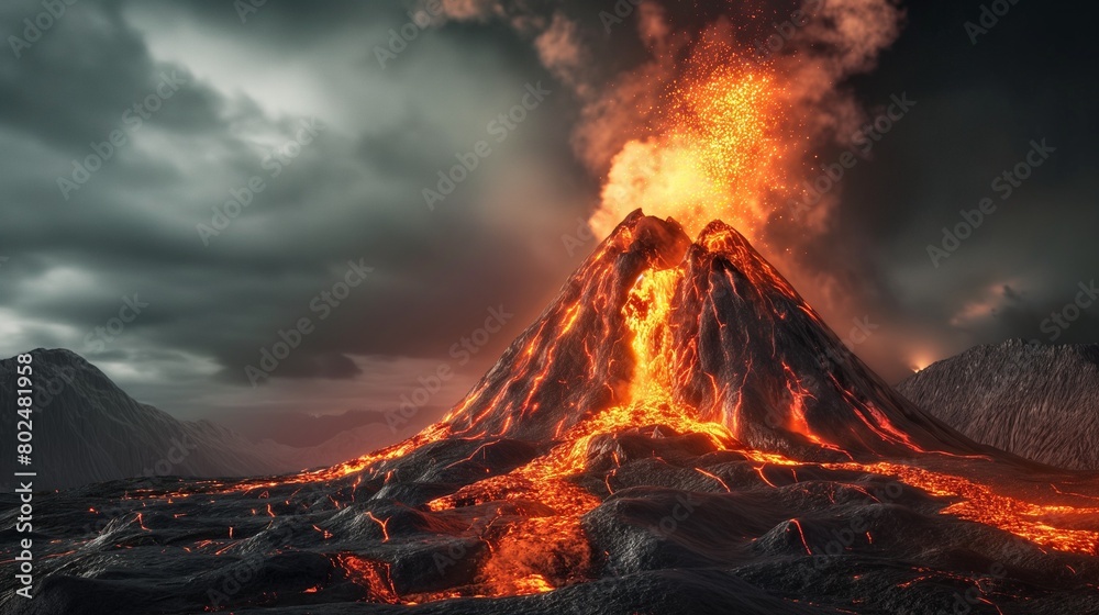 Volcano. Top view. Magma coming from the top of volcano. Fire and lava inside the volcano. Natural disasters.