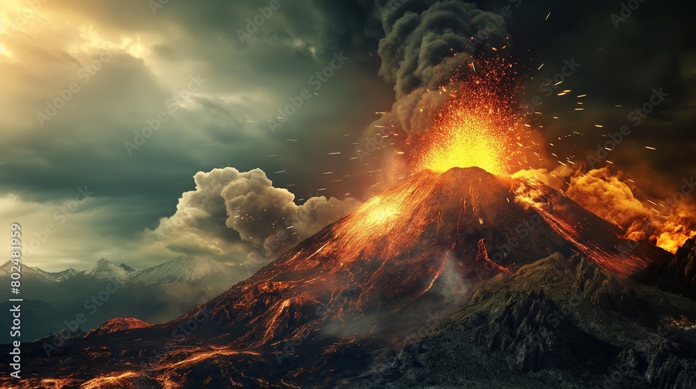 Volcano. Top view. Magma coming from the top of volcano. Fire and lava inside the volcano. Natural disasters.