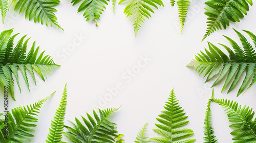 A row of green leaves are arranged in a line on a white background