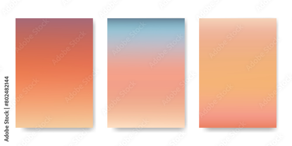 Naklejka premium Set of bright gradients sunset sunrise. Summer orange pink blue color mixing background. Template for poster, banner, flyer, cover, postcard. Vector modern illustration