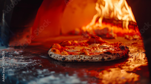 Close-up of a Neapolitan pizza being removed from a traditional oven. Hot and crispy oven baked pizza with a perfect crust. Nutrition concept.