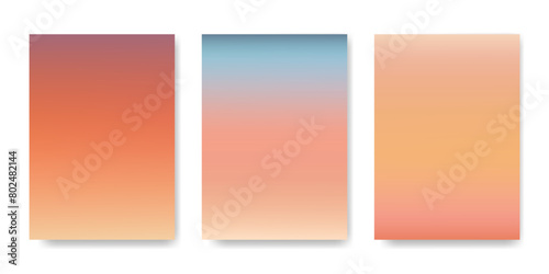 Set of bright gradients sunset sunrise. Summer orange pink blue color mixing background. Template for poster, banner, flyer, cover, postcard. Vector modern illustration