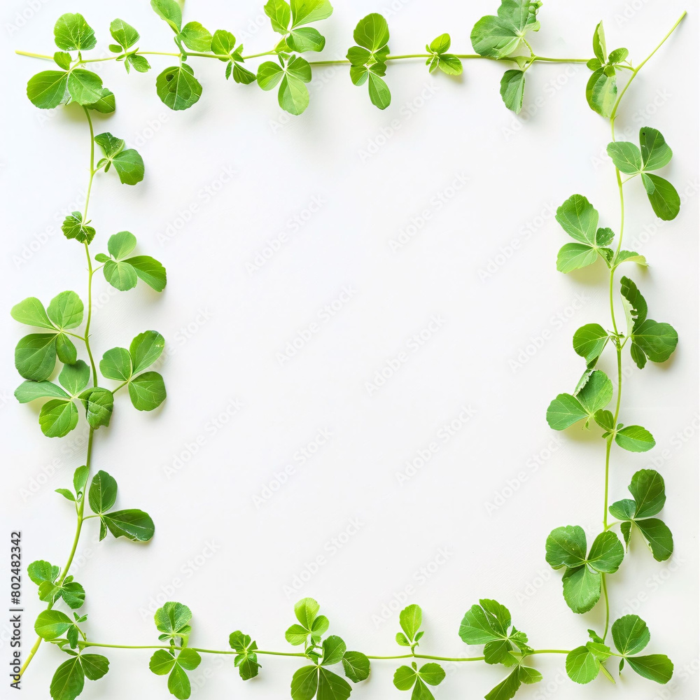 A row of green leaves are arranged in a line on a white background