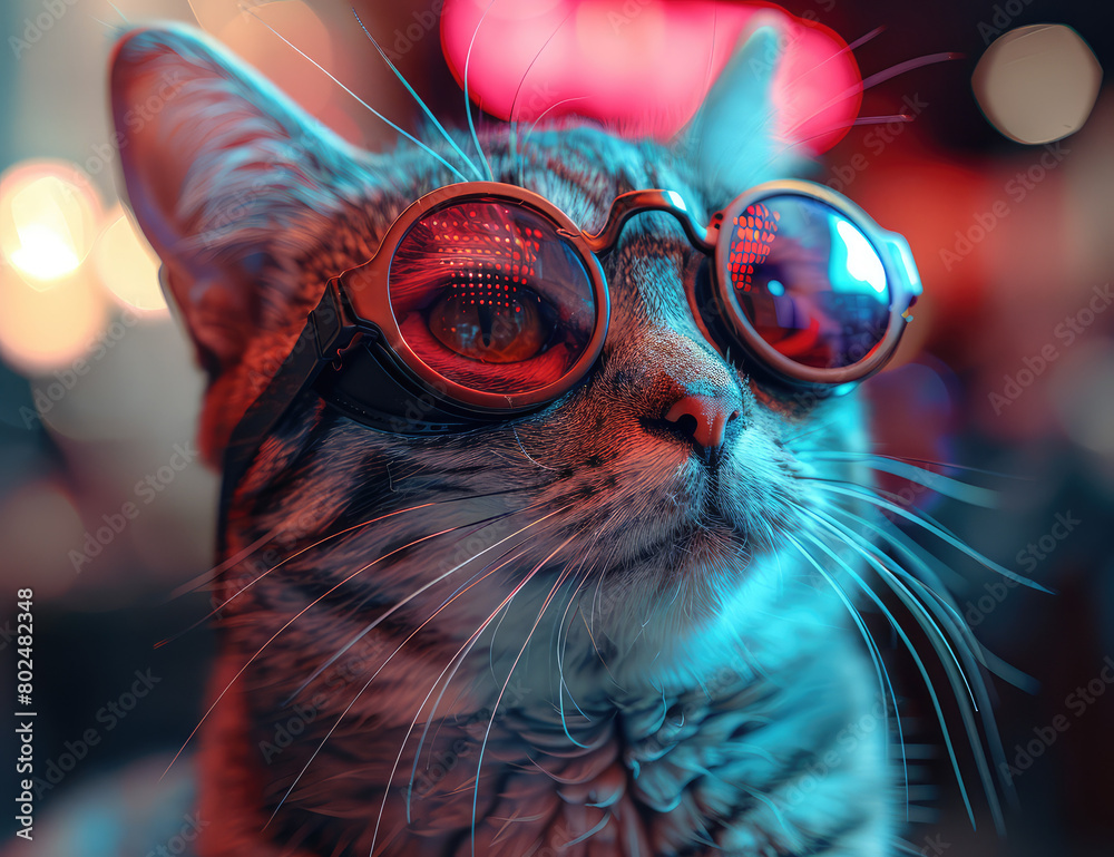 A cute cat wearing neon goggles. Created with Ai