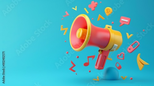 A three-dimensional megaphone adorned with hashtags and a notification bell, loud promotional announcements in digital and social media, in a playful, cartoonish style against a blue background