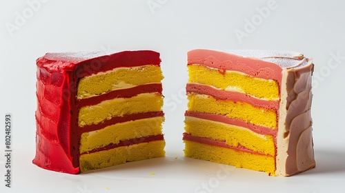 A visual explanation of fractions using two sliced cakes in red and yellow, aimed at simplifying mathematical concepts for educational purposes photo