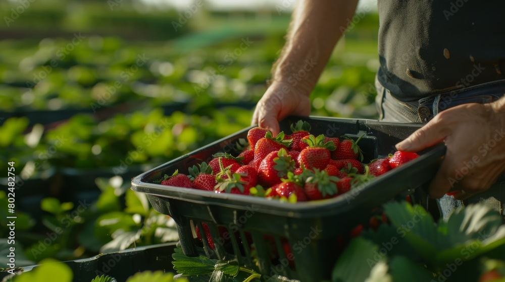 Farmers harvesting fresh strawberries in their fields. Man holding freshly picked strawberries. A man wearing a black shirt carries square shape plastic basket to collect strawberry produce on a farm. Farmers harvesting fresh strawberries in their fields. Man holding freshly picked strawberries. A man wearing a black shirt carries square shape plastic basket to collect strawberry produce on a farm.