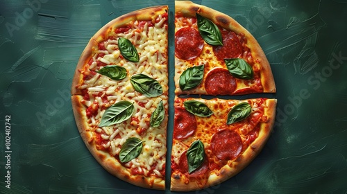 An engaging illustration of a pizza divided into halves, used as a fun, visual tool for teaching fractions to children photo