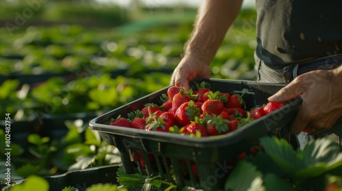 Farmers harvesting fresh strawberries in their fields. Man holding freshly picked strawberries. A man wearing a black shirt carries square shape plastic basket to collect strawberry produce on a farm.