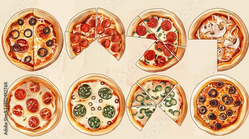 An illustration featuring pizzas divided into fractions  serving as a playful educational tool to help children learn about fractions through a familiar food item