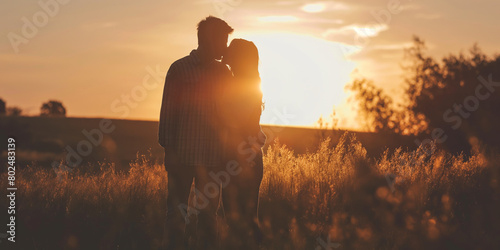 A romantic silhouette of a loving couple kissing in the sunset, with warm backlight and tranquil scenery photo