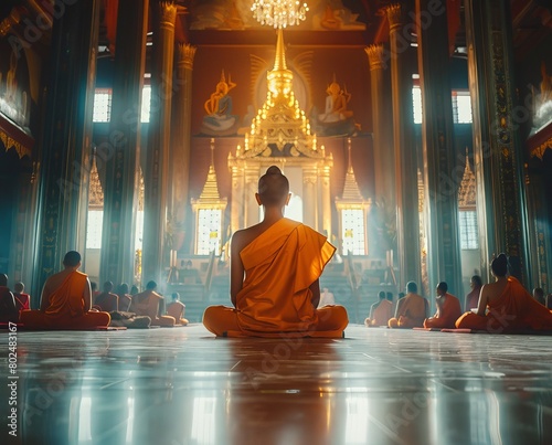 Orange-robed Buddhist monks practicing meditation in a temple. Concept of Buddhist rituals, serene worship, spiritual gatherings, and meditation.