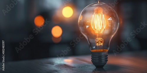 A detailed close-up of a lit vintage light bulb with a wooden table and soft bokeh light background photo