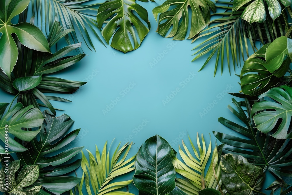 Tropical leaves on blue background. Flat lay, top view Tropical leaves on blue background. Flat lay, top view