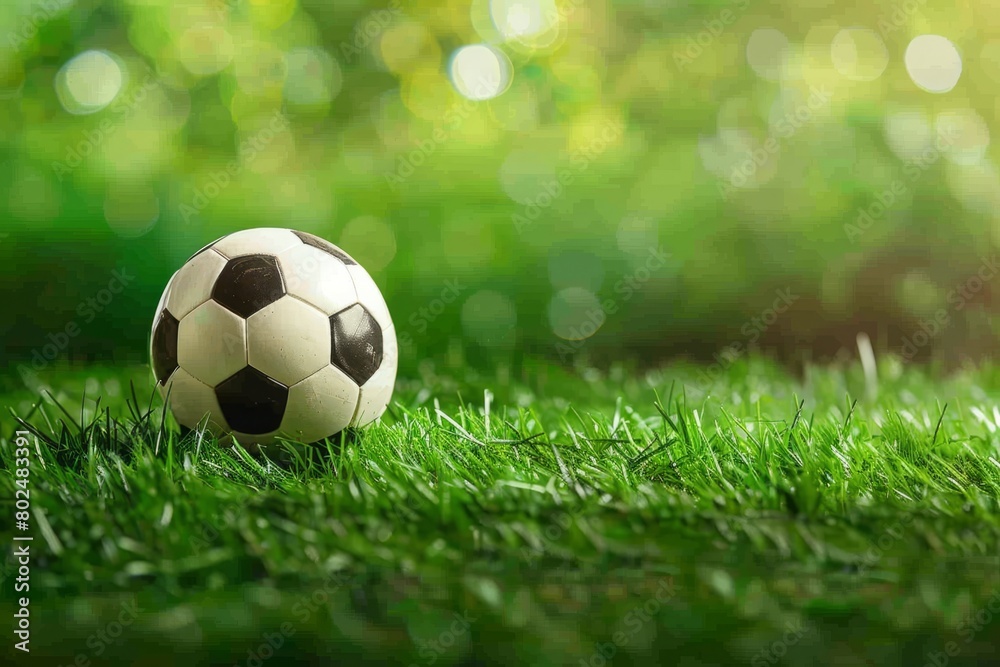 Fototapeta premium Soccer ball on green grass with bokeh background and copy space