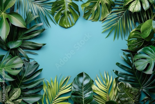 Tropical leaves on blue background. Flat lay  top view