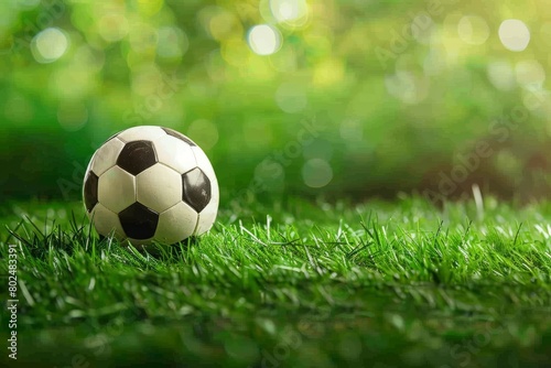 Soccer ball on green grass with bokeh background and copy space