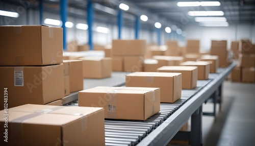 Cardboard boxes on a conveyor belt in a warehouse, with blurred background lights