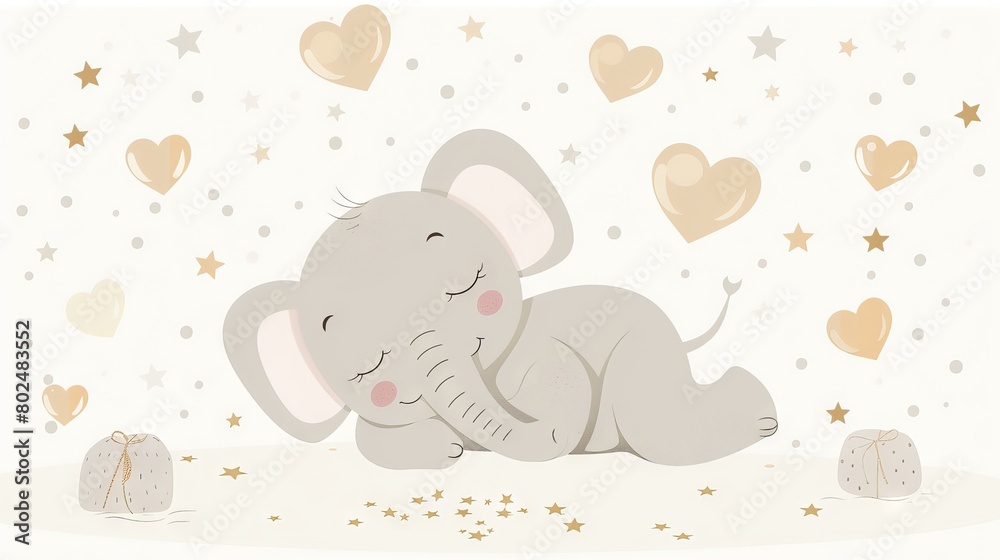 Adorable sleeping cartoon baby elephant isolated on white background. Playful elephant. Concept of digital illustration, creativity, joyful design, cute animal, kids character, nursery