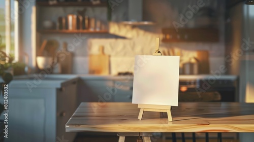 Empty canvas on an easel in a cozy kitchen. Blank paper ready for notes or art. Concept of home creativity, recipe jotting, home crafts, and kitchen memo. Copy space