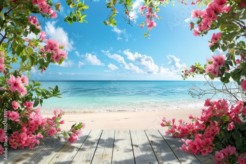 Wooden deck with pink flowers on tropical beach