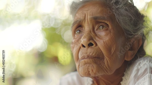 Elderly Asian woman with a thoughtful expression. Portrait of an aged Thai lady gazing upwards, reflecting. Concept of wisdom, aging gracefully, life contemplation. Copy space