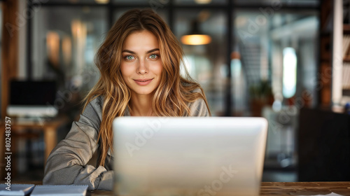 Bella donna mentre lavora con un pc portatile in un moderno ufficio