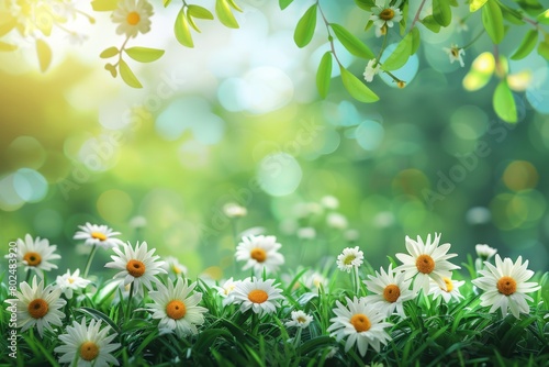 White spring flowers on green grass with bokeh light background.