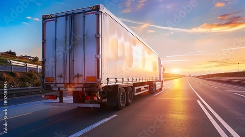 Semi Trailer Truck Driving on Highway Road. Shipping Container Trucks. Commercial Truck Transport. Delivery Express. Diesel Trucks. Lorry Tractor. Freight Trucks Logistics, Cargo Transport © JovialFox