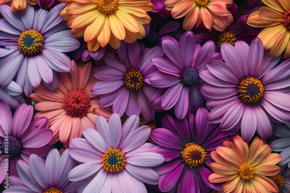 Flower background. Colorful daisy flowers. Top view.
