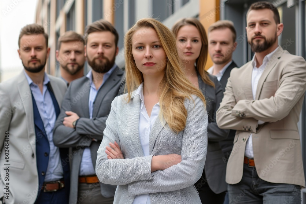 Group of business people standing in a row with their arms folded. Group of business people standing in a row with their arms folded.