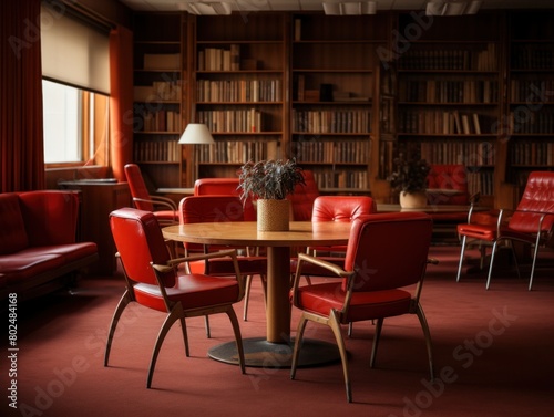 Warm and inviting library room featuring red leather furniture and shelves filled with books. Copy space available.