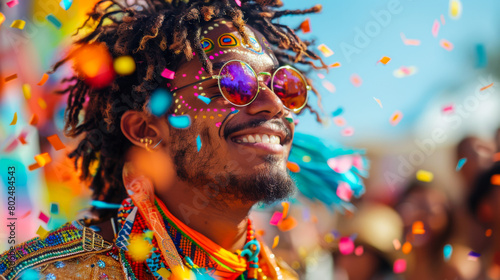 Happy African American man in a bright suit having fun in a neon confetti. Concept of fun, relaxation, holiday.