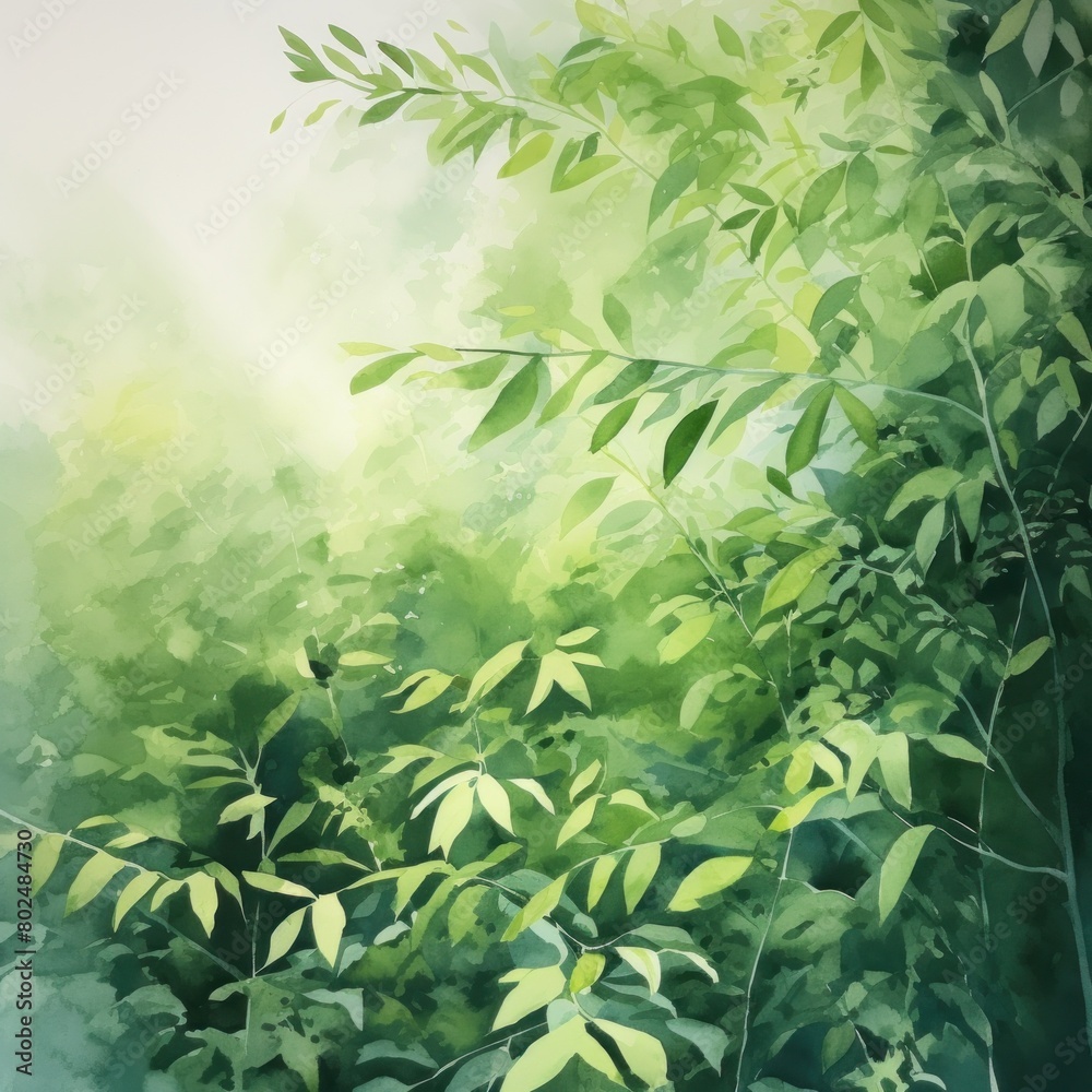 Soft, ethereal light filtering through misty green foliage, creating a tranquil and soothing natural scene.