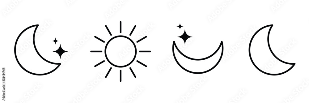Set of Moon and stars icons. Sun and moon flat icon. Shining Sun and crescent Moon. Vector Illustration.