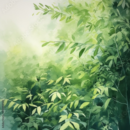 Soft  ethereal light filtering through misty green foliage  creating a tranquil and soothing natural scene.