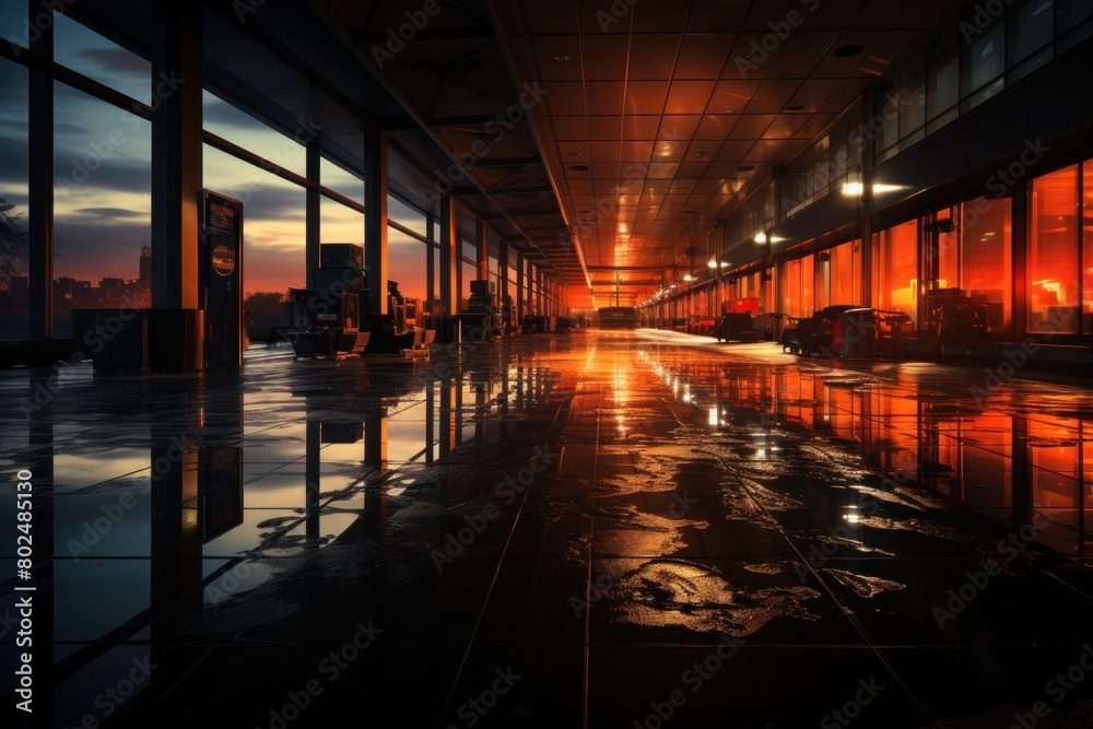 A stunning corridor in an airport, bathed in the warm glow of a sunset, with reflections on the polished floor. A stunning corridor in an airport, bathed in the warm glow of a sunset, with reflections on the polished floor.