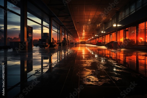 A stunning corridor in an airport, bathed in the warm glow of a sunset, with reflections on the polished floor. © Margo_Alexa