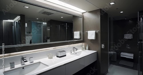 Modern minimalist bathroom interior with dark walls