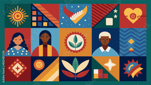 A quilt adorned with patches representing different cultures and traditions coming together in unity to celebrate the collective journey towards. Vector illustration