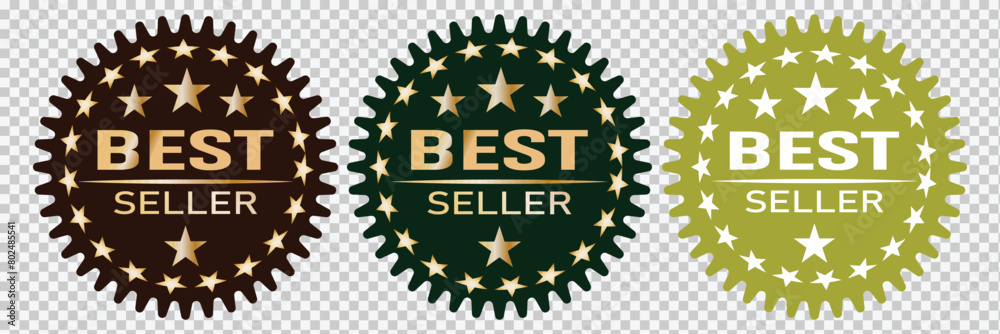 Best seller badge logo design.Best seller golden labels, award seal, medal badges with laurel wreaths. Vector premium quality gold emblems with stars and crowns. Company or brand product tags or stamp