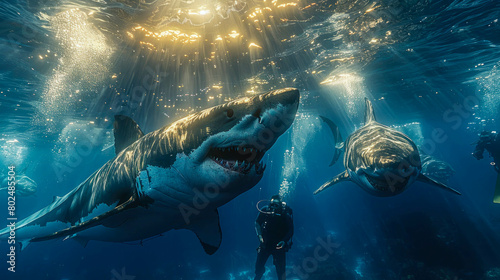 A scuba diver swims in the sea underwater with dangerous predatory sharks photo